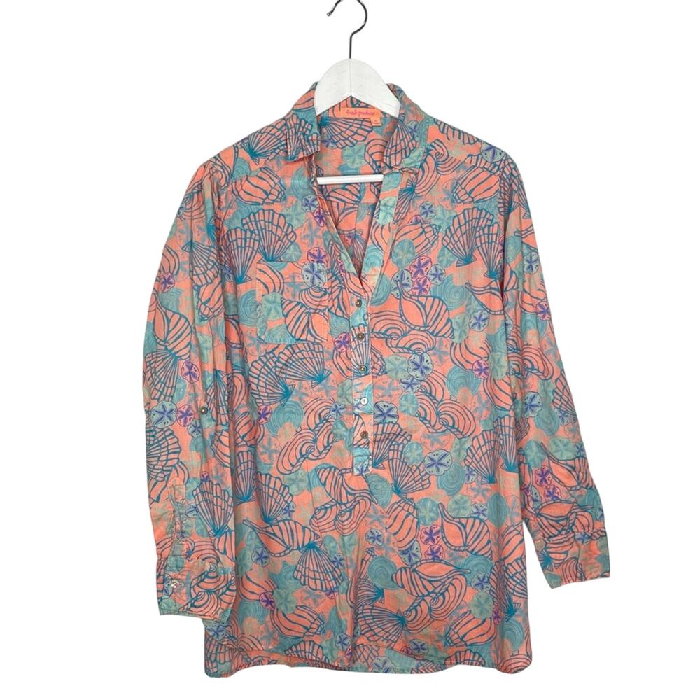 Fresh Produce Size M Pink & Blue Seashell Sanddollar Popover Lightweight Shirt - Picture 5 of 8